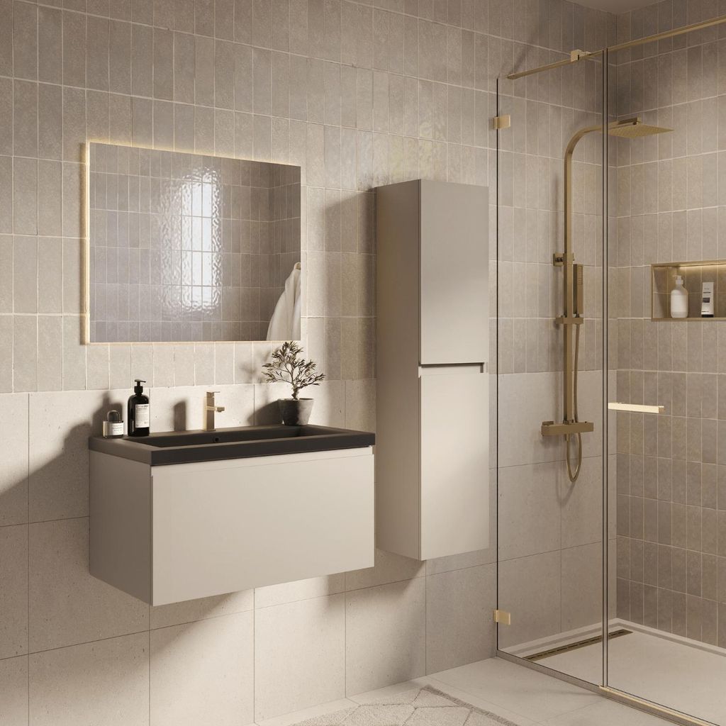 LOMAZOO Badmöbelset SORRENTO 80 cm - Mit Hochschrank - Greige - Waschbecken Schwarz