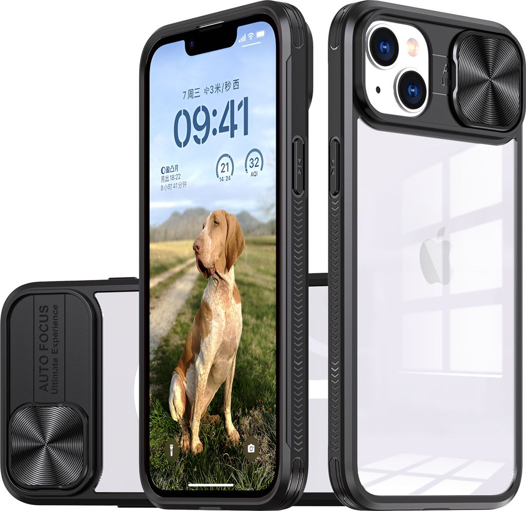 Hülle für iPhone 14 Plus Transparent TPU Bumper Schutzhülle mit Schiebe Kamera Schutz Schwarz