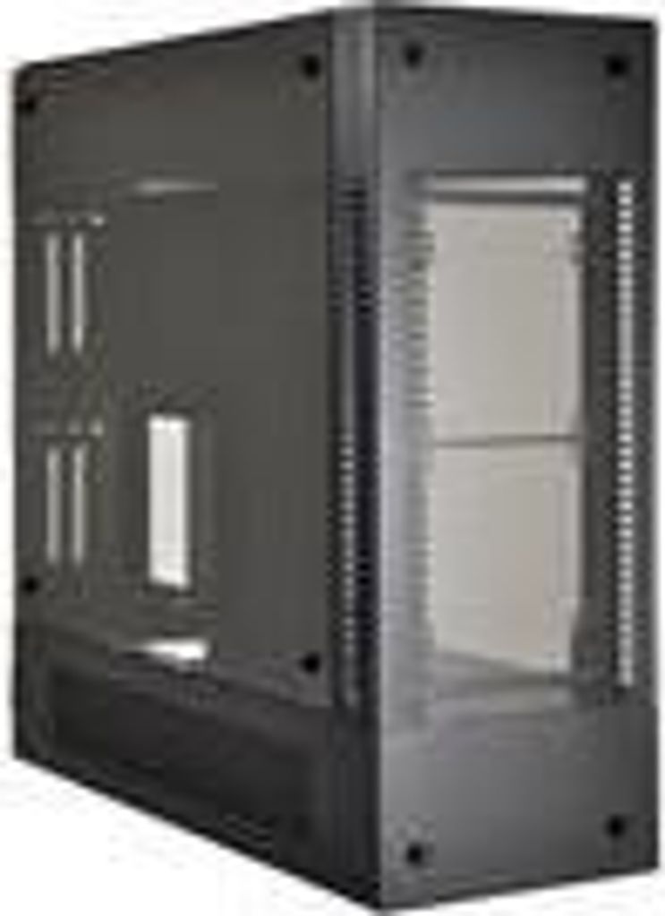 A black computer tower case with a glass side panel.