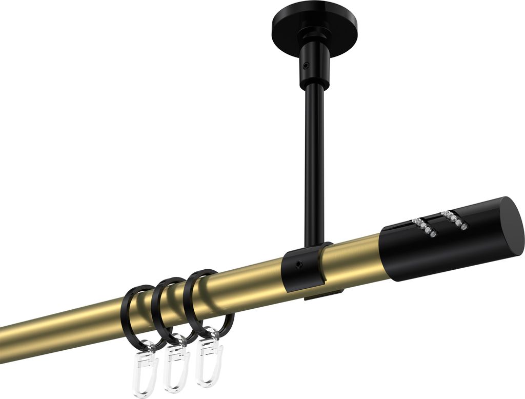 Interdeco Gardinenstange / Vorhangstange Messing-Optik / Schwarz, Typ Sonette Zoena (Glitzerzylinder) Deckenmontage, 20 mm Ø 1-läufig, 100 cm