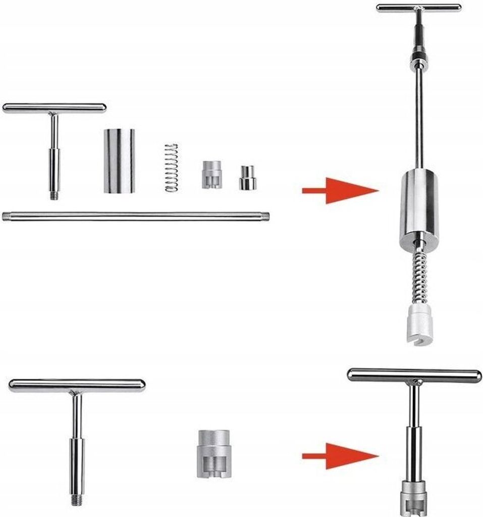 A set of tools for removing dents from a car body, shown with components and assembled examples.