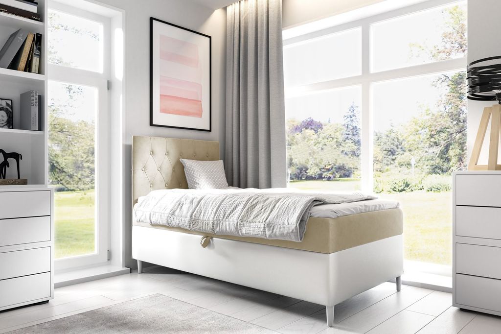 Kontinentales Bett 80x200 KAILI 1 – beige/weiß, Öffnung rechts + GRATIS Matratzenauflage