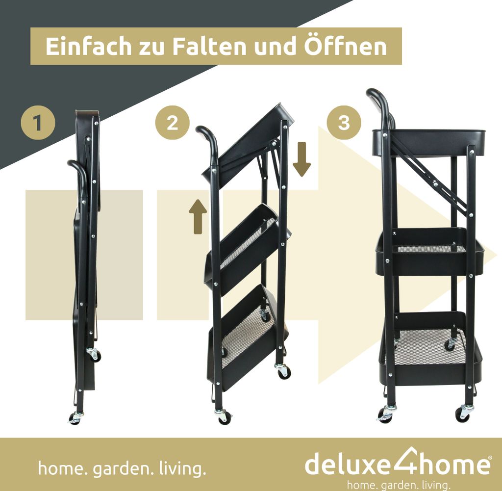 deluxe4home® Servierwagen Rollwagen klappbar 3 Ablagen Produktbild 5