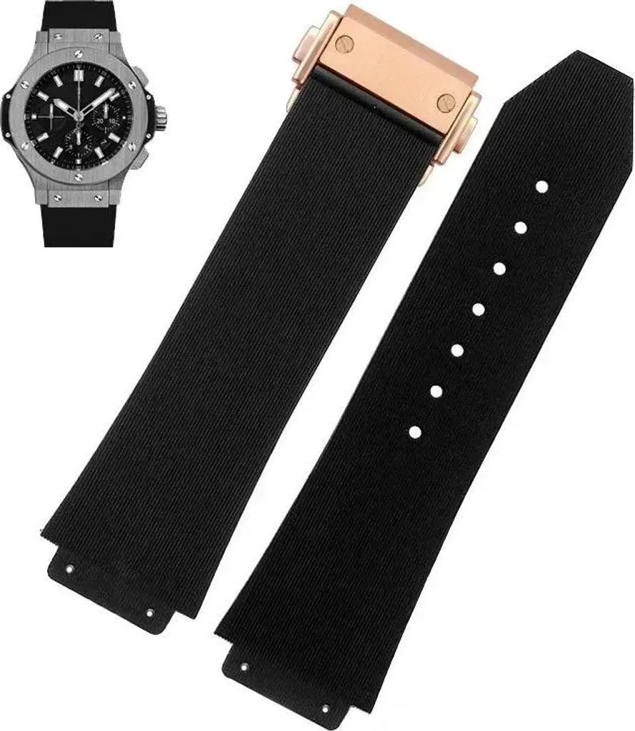 Cinturino per orologio, materiale in gomma, chiusura in acciaio, nero-oro rosa B, 25 mm-19 mm