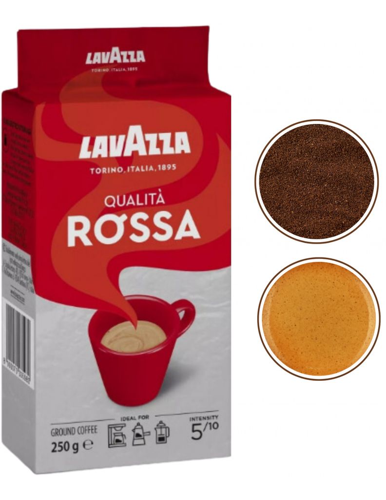 A package of Lavazza Qualita Rossa ground coffee with two circular insets showing ground coffee and espresso.