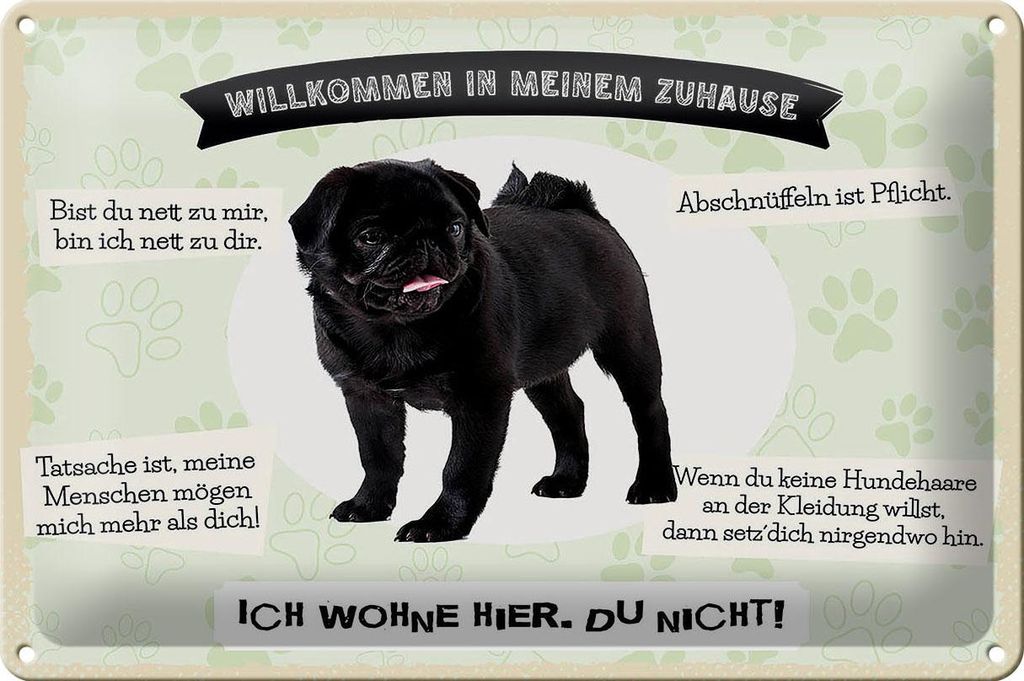 Blechschild Spruch 30x20cm Tiere Mops willkommen Zuhause Produktbild 