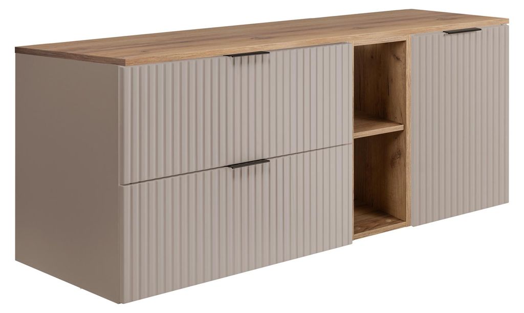 Badezimmer-Set: Schrank mit Schubladen, Schrank mit Türen und Regal 57×46×140 cm, Farbe: Eiche Craft / Cashmere, schwarzer Griff