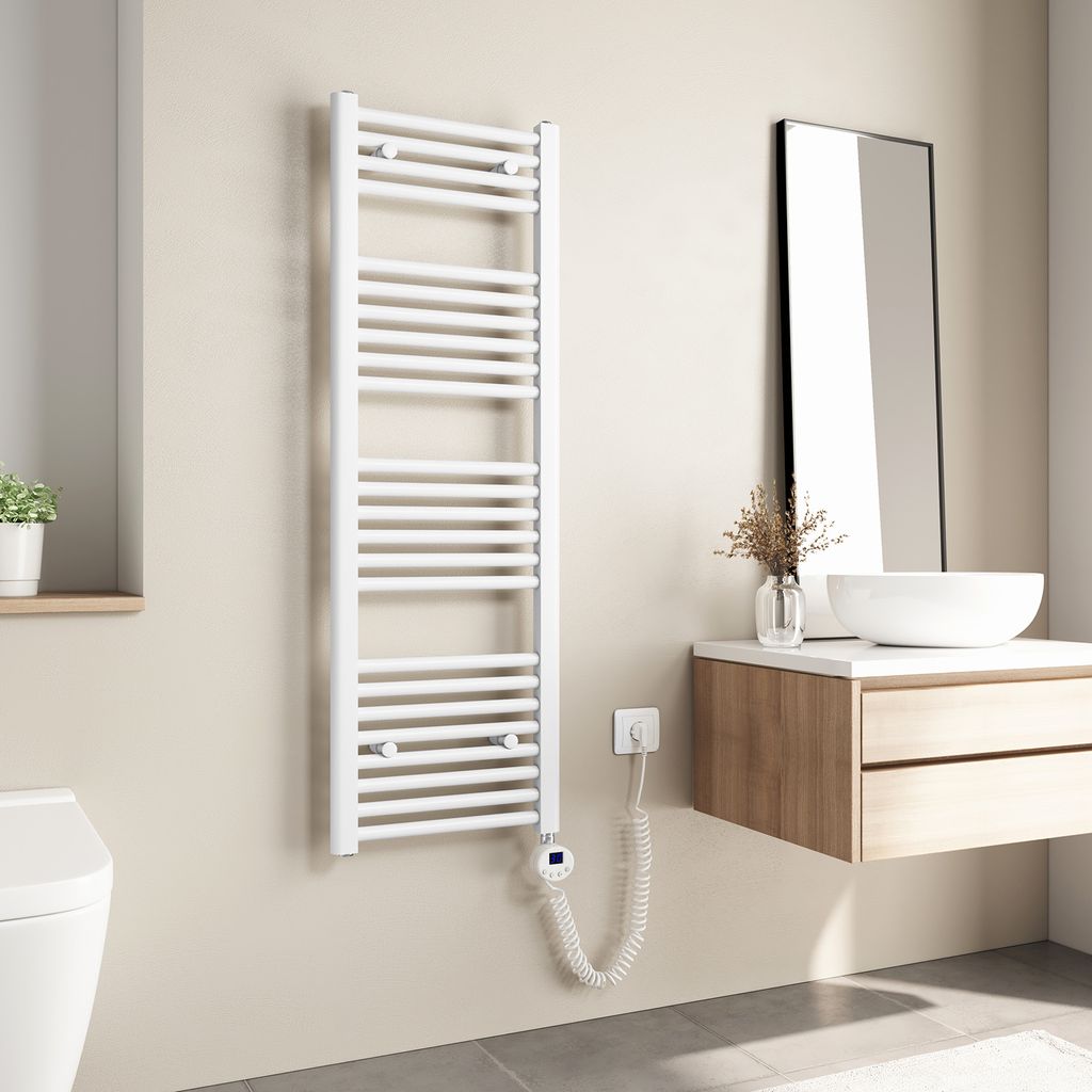 A modern bathroom with a white electric towel radiator mounted on the wall.