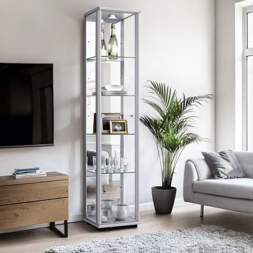 K-Möbel Glasvitrine stehend in Alu / Silber (176x37x33 cm) mit 4 höhenverstellbaren Glasböden, Spiegel & LED - Standvitrine - Vitrinenschrank Sa...