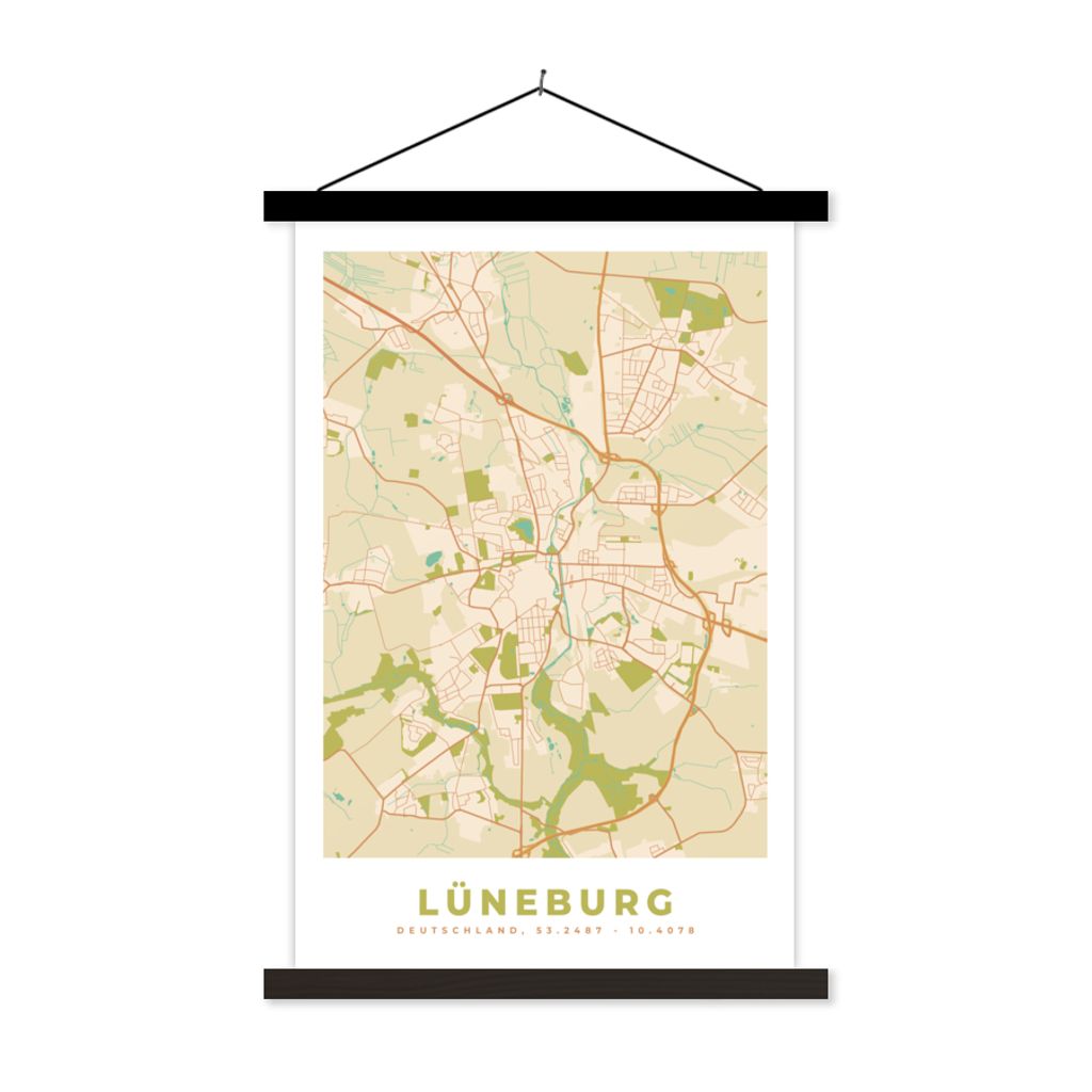 MuchoWow Textilposter Karte - Karte - Lüneburg - Vintage - Stadtplan 120x180 cm mit schwarzem Rahmen - Fotos