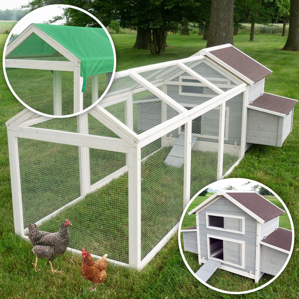 A large wooden chicken coop with a run, set up on a grassy lawn with two chickens in the foreground. The image includes close-up insets of the coop's roof and a detailed view of the coop's structure.