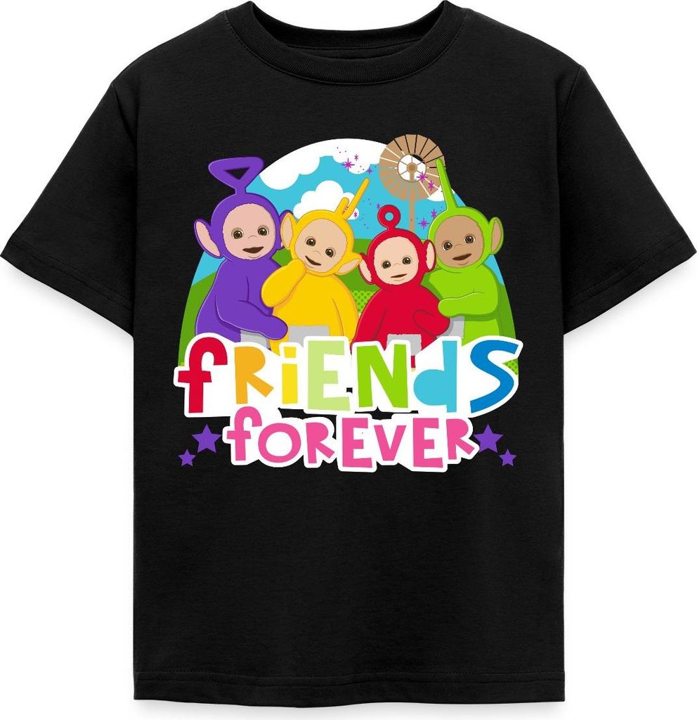 Spreadshirt Teletubbies Friends Forever Süßes Design Kinder T-Shirt, 110/116 (5-6 Jahre), Schwarz