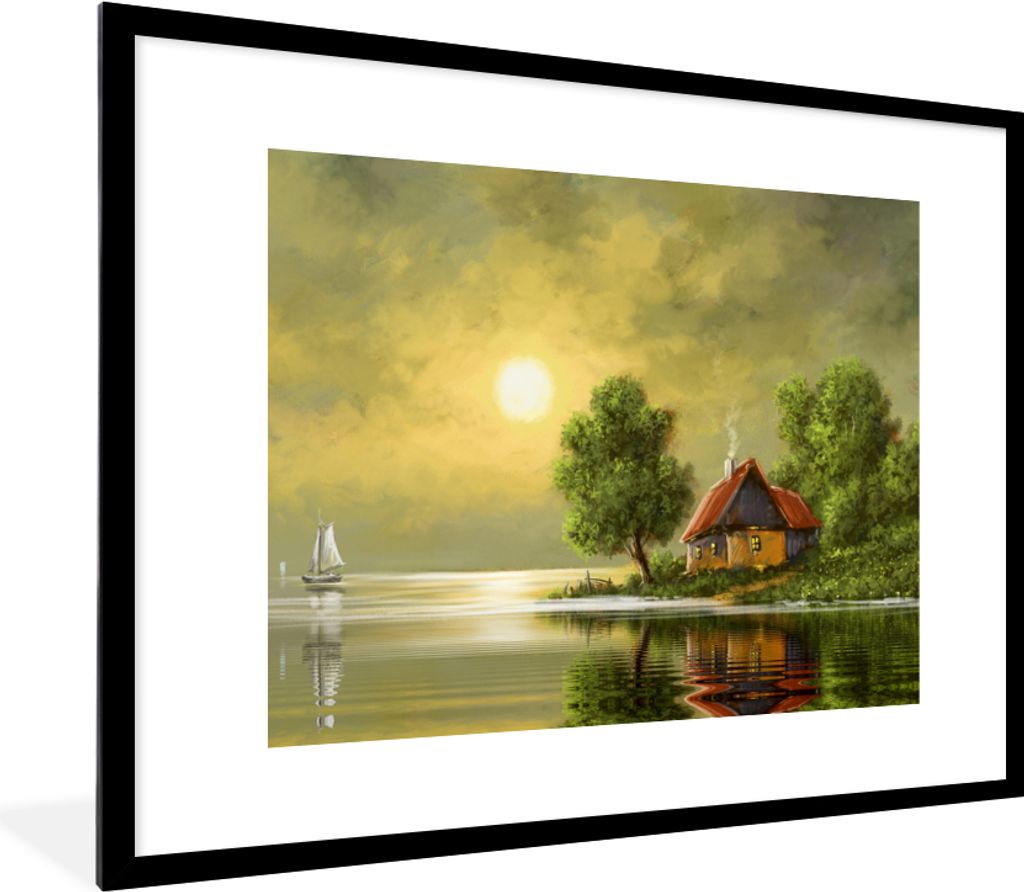 MuchoWow Gerahmtes Poster Gemälde - Ölfarbe - Haus - Natur - Wasser 80x60 cm - Poster mit Schwarzem Bilderrahmen Wandposter Rahmen Foto Bilder ...