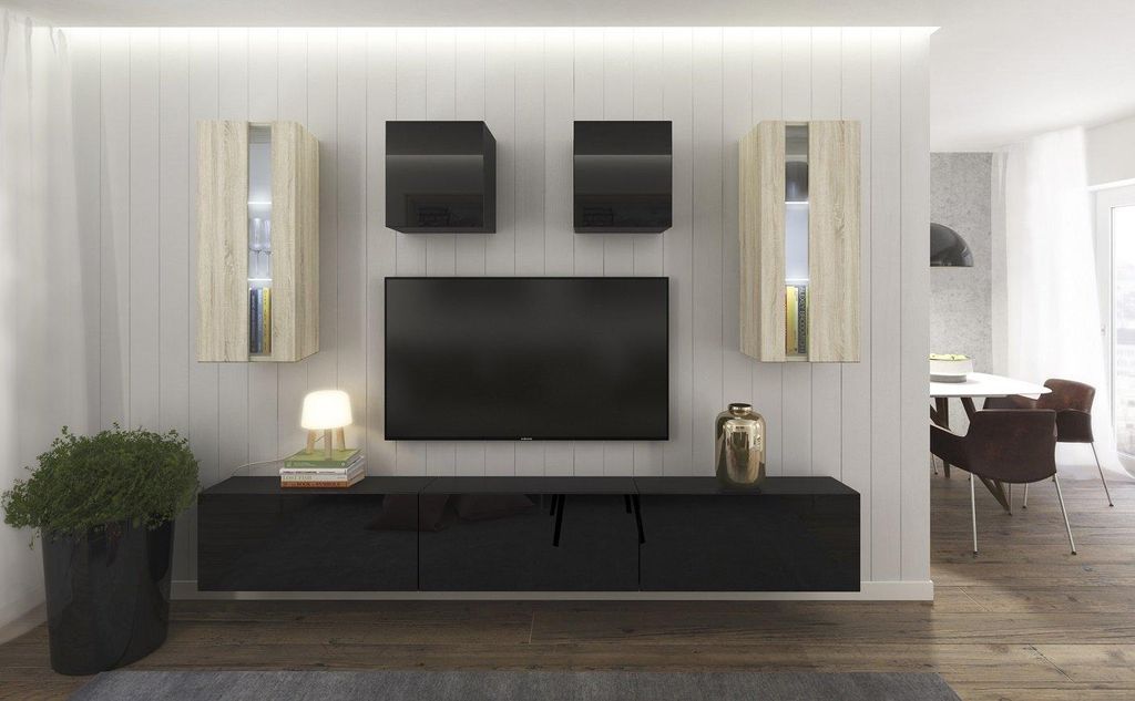 Furnitech Wohnwand Wohnzimmer - Wohnzimmer Möbel mit LED Weiß - Hängend Wohnwand Modern - Regale und TV Schrank (AN291-17BS-HGM30 1A Klein)