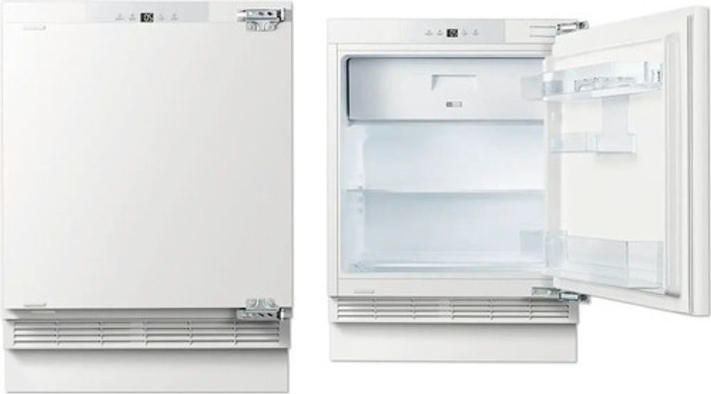 A split image showing a white refrigerator with its door closed on the left and open on the right.