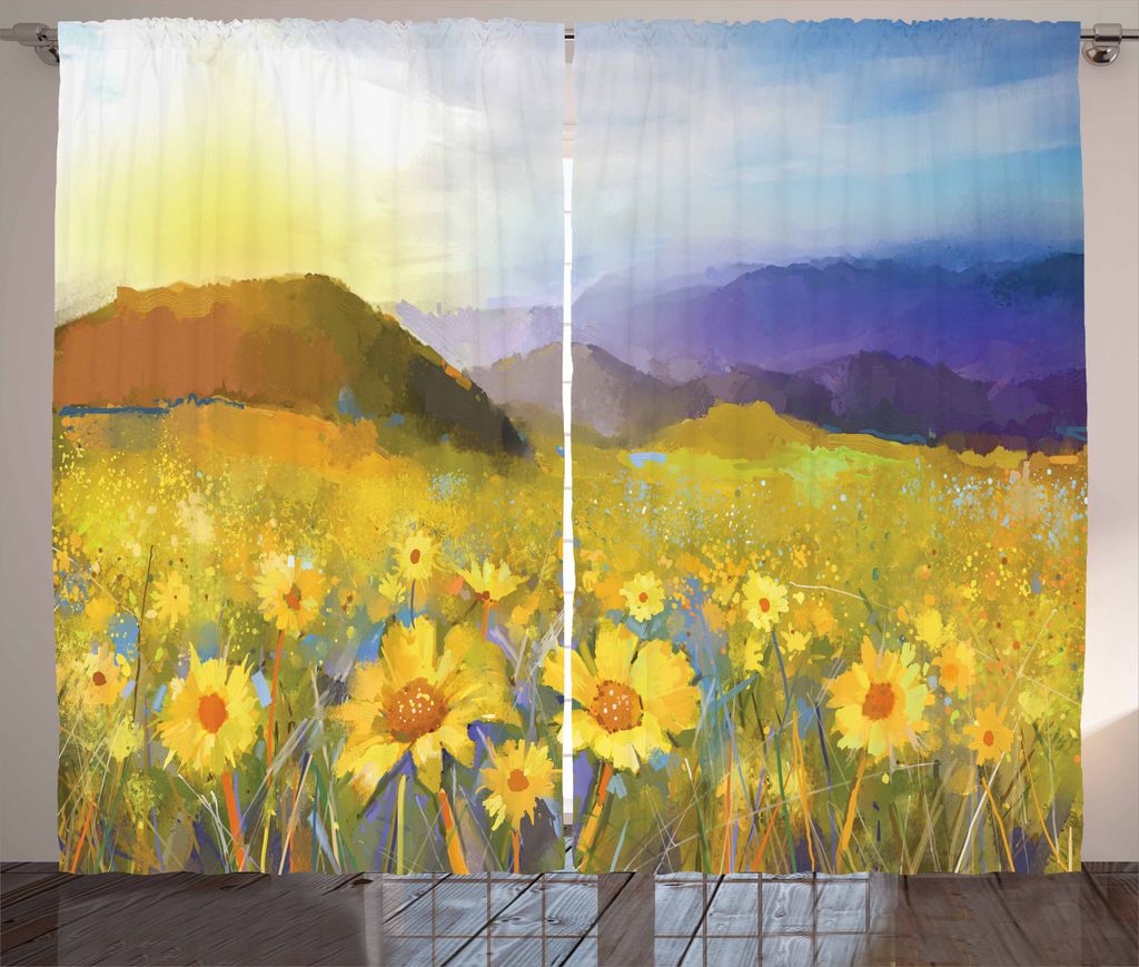 ABAKUHAUS Kunst Rustikaler Vorhang, Daisy Blühende Wiese, Wohnzimmer Universalband Gardinen mit Schlaufen und Haken, 280 x 175 cm, Mehrfarbig