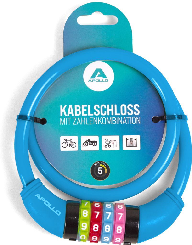 Apollo Fahrradschloss mit Zahlen für Kinder, 10x650 mm, Scooter Schloss,Zahlenschloss - blau