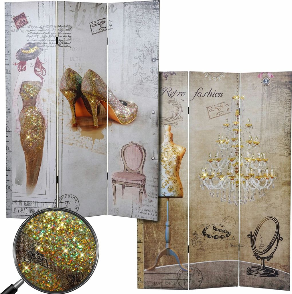 Foto-Paravent Vintage, Raumteiler Trennwand, Glitzer Retro Fashion MVG- 180x120cm