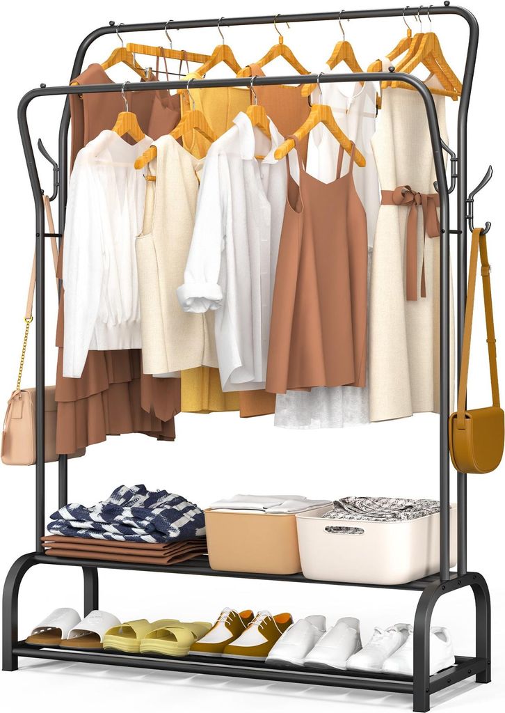 VOUNOT Doppelt Kleiderständer, Metall Kleiderstange Garderobenständer mit 2-lagigem Schuhregal und 4 seitlichen Haken 110x35x146cm Schwarz