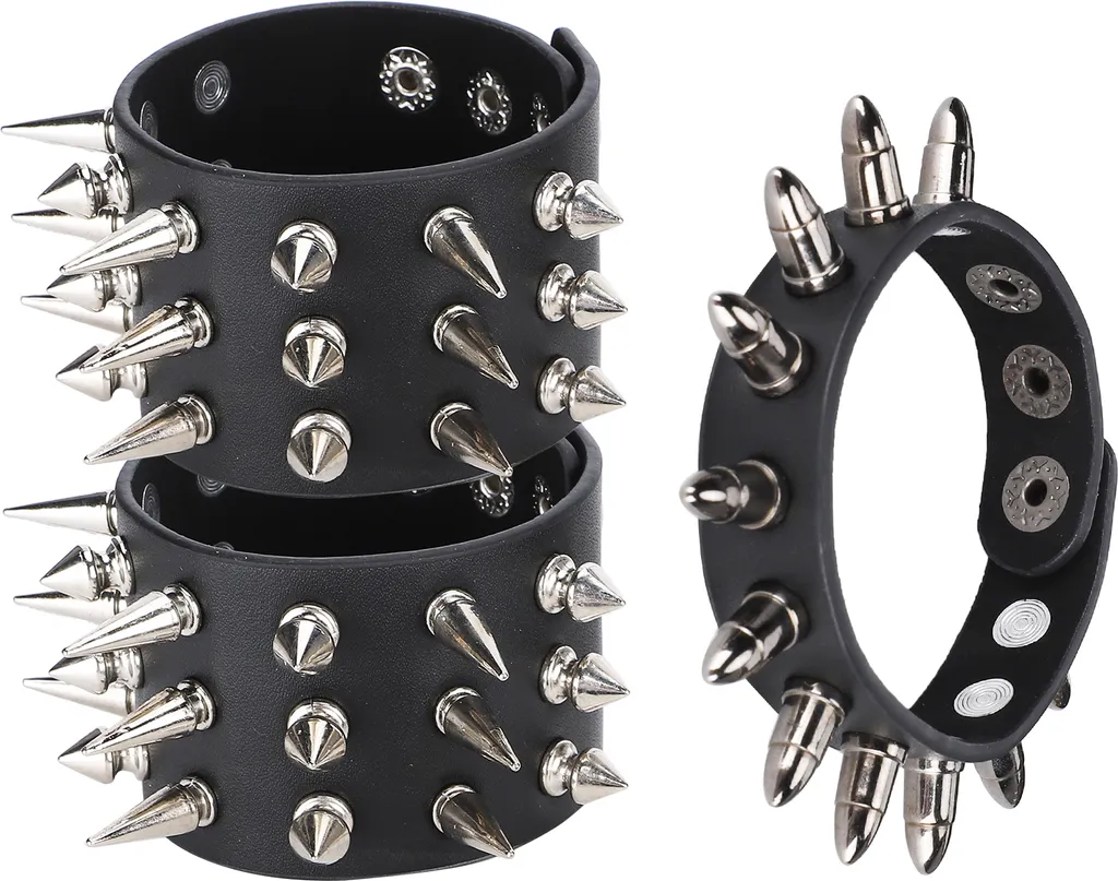 Bracelet Punk en Cuir avec Rivets Métal - Lot de 3 Manchettes Rétro Noir