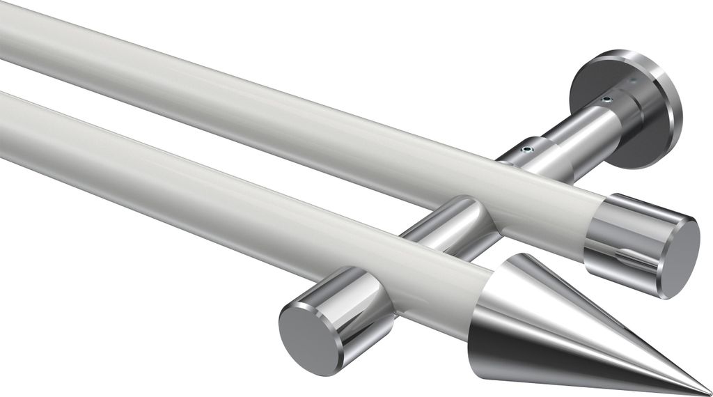 Interdeco Gardinenstange / Vorhangstange Weiß / Chrom, Typ Prestige Savio (Kegel) ohne Ringe, 20 mm Ø 2-läufig, 260 cm