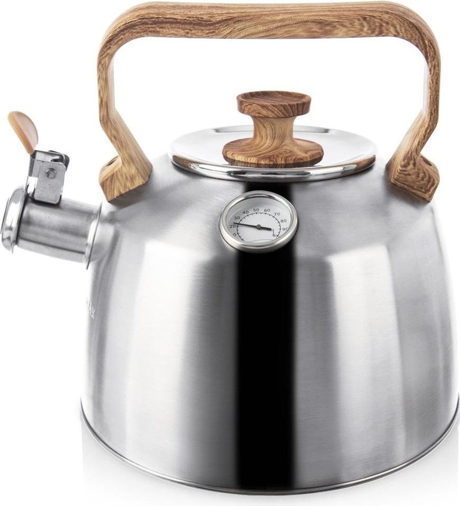 A stainless steel kettle with a wooden handle and lid knob, featuring a built-in thermometer.