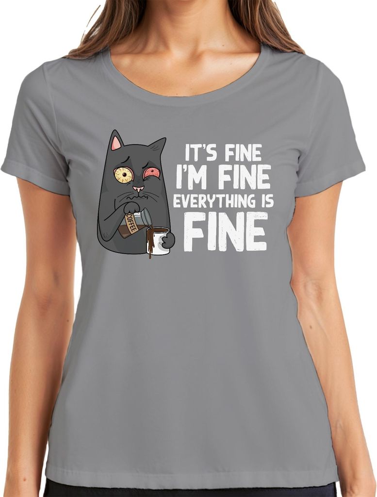 Lustige Katze Kaffee Spruch Im Fine Morgenmuffel Humor Stress Damen T-Shirt, Grau, XXL