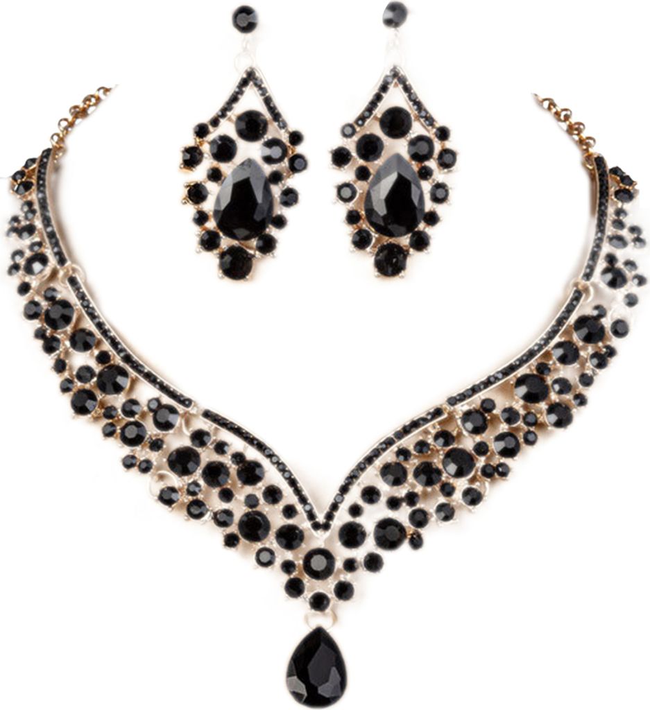 1 Set Braut Ohrringe Halskette Wassertropfenförmige Strasssteine Schmuck Geometrisch Verstellbares Schmuckset für Hochzeit-Schwarz
