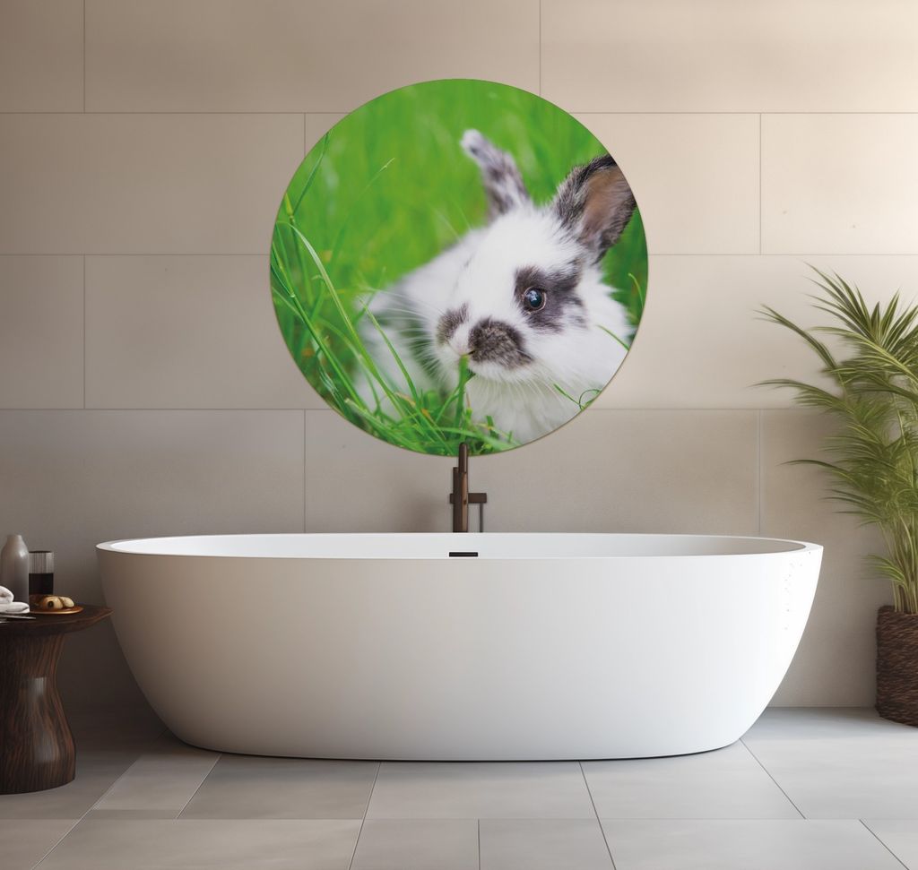 Wallario wasserfestes Poster selbstklebend 90 x 90 cm, Süßer Hase im grünen Gras, Badezimmerposter Spritzschutz mit Hochglanzoberfläche in Glas...