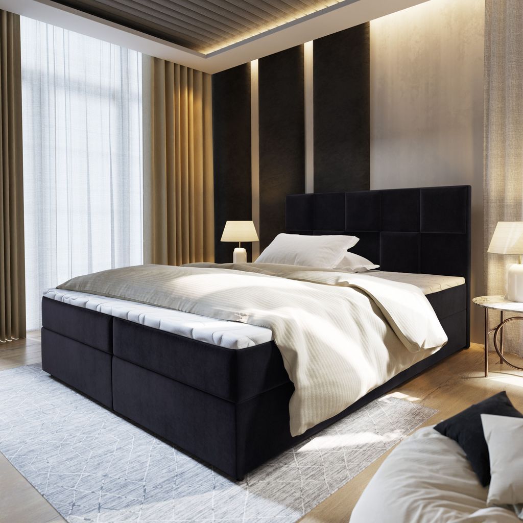 Masseno Boxspringbett PRATA 140x200 cm Komplett-Set mit Bonell Matratze und Topper, Polsterbett mit Bettkästen -Schwarz, KRONOS 07