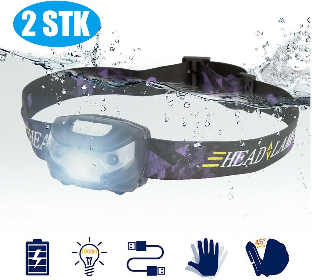 2 PCS LED Stirnlampe Scheinwerfer Kopflampe USB Wiederaufladbar Wasserdicht Akku