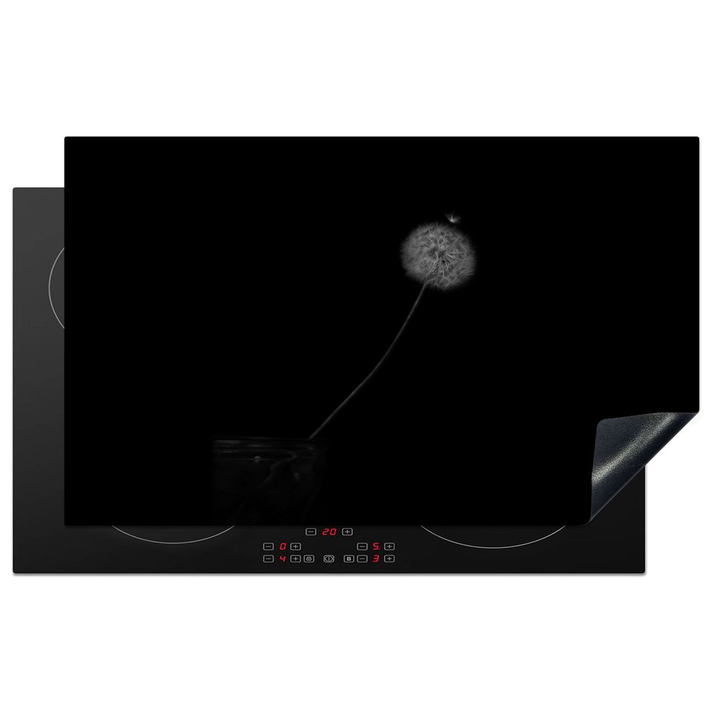 KitchenYeah Herdabdeckplatte Blumen - Löwenzahn - Samen - Schwarz - Weiß , 85x52cm, Küche Deko, Glaskeramikkochfeld Herdabdeckung, Abdeckplatt...