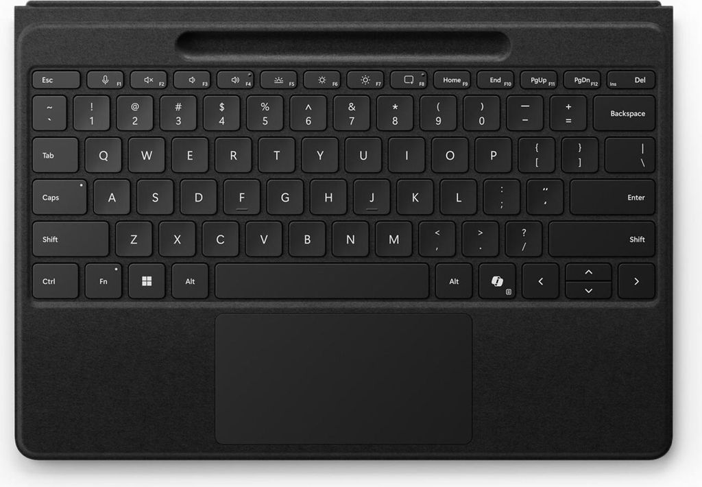 A top-down view of a black keyboard cover with a trackpad.