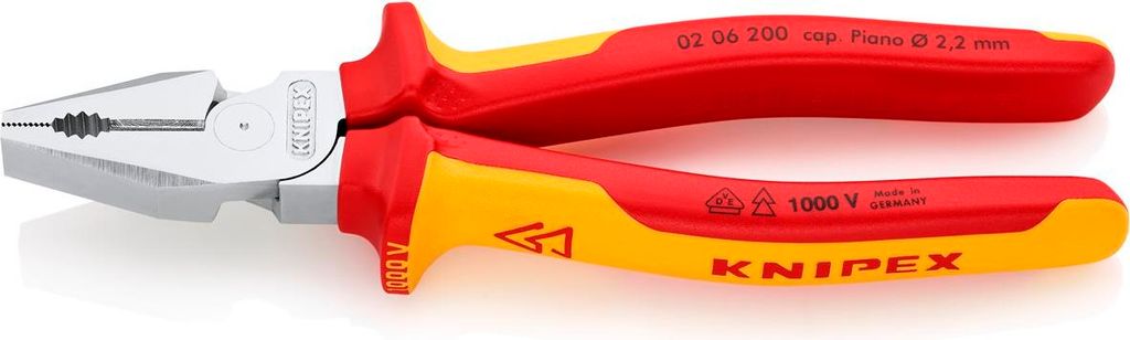 KNIPEX 02 06 200 SB Kraft-Kombizange isoliert mit Mehrkomponenten-Hüllen, VDE- verchromt 200 mm