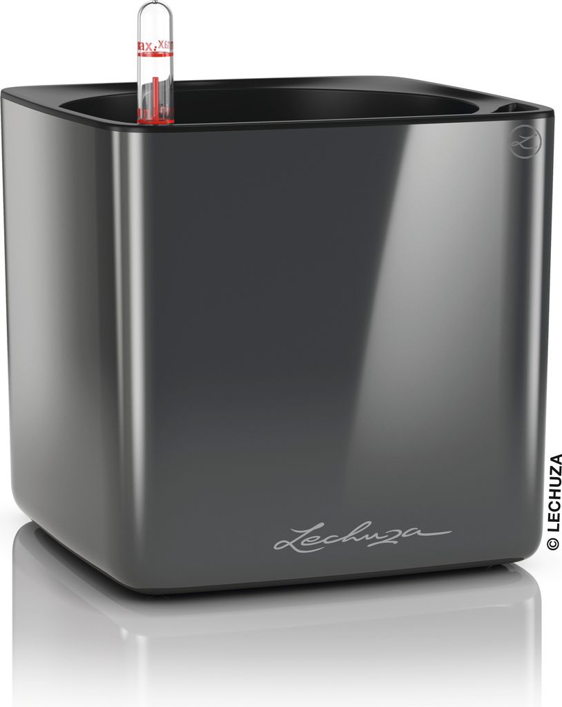 LECHUZA-Tischgefäß CUBE Premium 16 Anthrazit Highgloss | Pflanzgefäß mit Bewässerungssystem | Hochglanz-Oberfläche | 17 x 17 x 16 cm | 13521