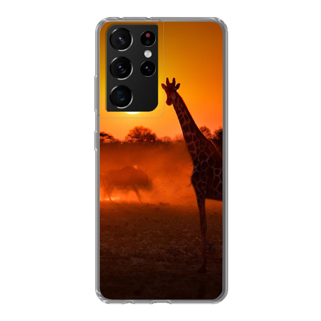 MuchoWow Handyhülle Schutzhülle Hülle für Samsung Galaxy S21 Ultra Giraffe - Sonne - Savanne Silikon Softcase Handy Hülle - Mobiltelefon