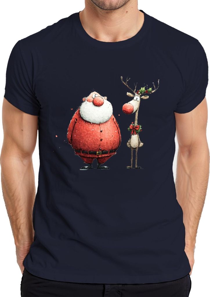 Lustiger Weihnachtsmann Rentier Aquarell Geschenk Retro Herren T-Shirt, Navy, 3XL