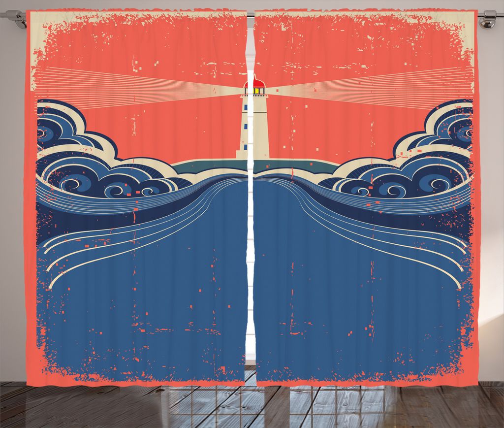 ABAKUHAUS Grunge Rustikaler Vorhang, Leuchtturm Wellen Meer, Wohnzimmer Universalband Gardinen mit Schlaufen und Haken, 280 x 225 cm, Blaue Koralle...