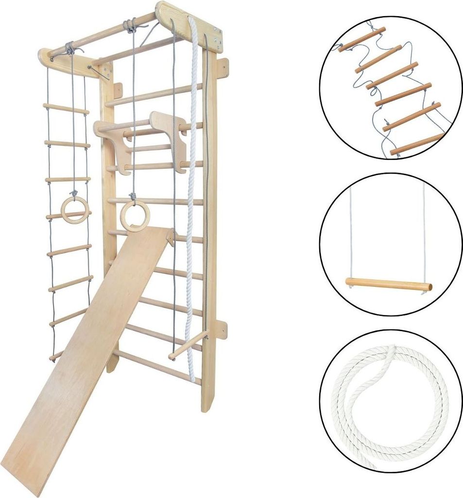 Spielplatz indoor Sprossenwand holz "Numi Plus" + Turnringe Produktbild 