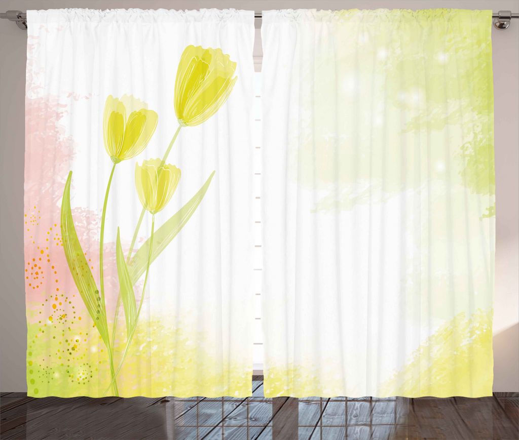 ABAKUHAUS Blumen Rustikaler Gardine, Tulpe Blumen Aquarell, Schlafzimmer Kräuselband Vorhang mit Schlaufen und Haken, 280 x 225 cm, Grün Beige