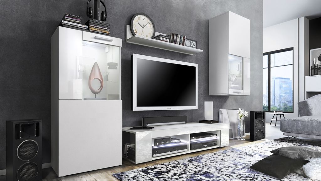 Vladon Wohnwand Movie, Anbauwand bestehend aus 1 TV-Board, 2 Vitrinen und 1 Regal, Weiß matt/Weiß matt/Weiß Hochglanz inkl. LED-Beleuchtung wei...