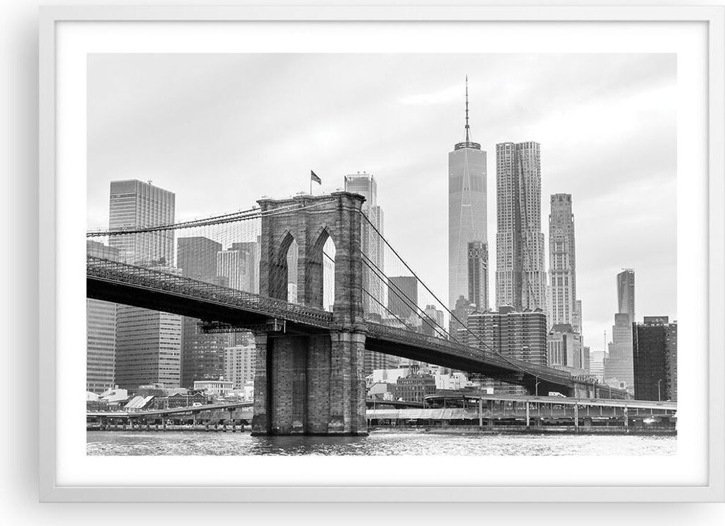 Gerahmtes Poster - Weißer Rahmen - Brücke Brooklyn schwarz und weiß - 70x50 cm - Wand Bild - Wanddeko - Wandbilder - Wandposter - Bilderrahmen -...