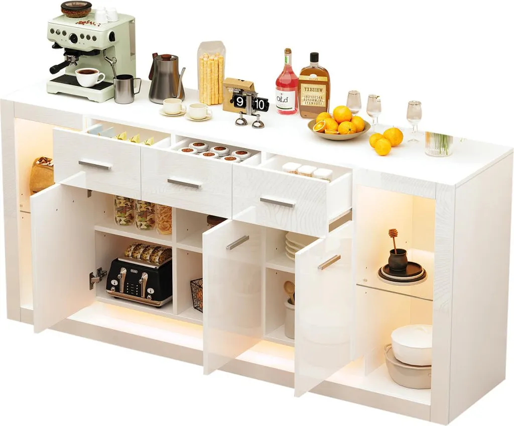 Buffet bas blanc brillant 160cm avec 14 compartiments et éclairage LED - 12