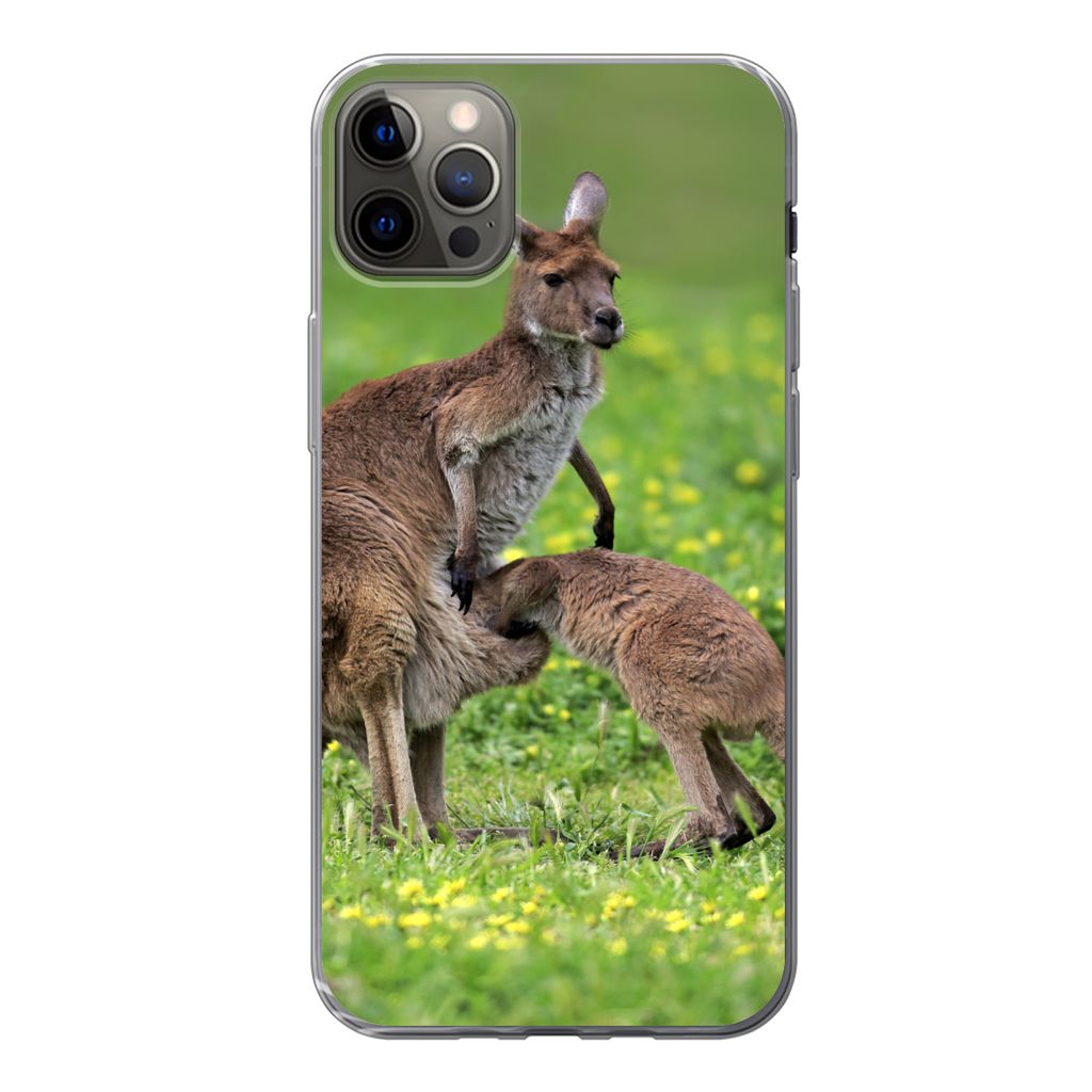 MuchoWow Handyhülle Schutzhülle Hülle für iPhone 12 Pro Max Känguru - Blumen - Jung Silikon Softcase Handy Hülle - Hartschale