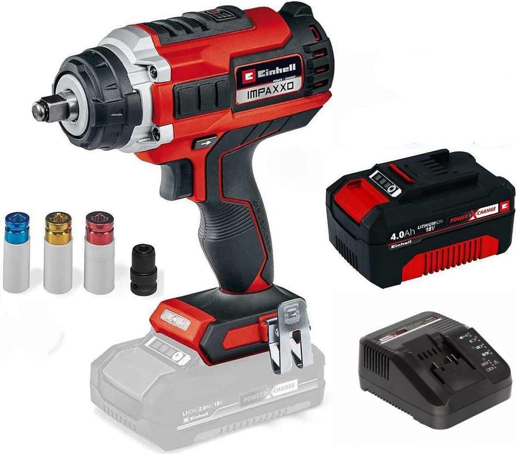 A cordless impact wrench kit with accessories, battery, and charger, displayed against a white background.