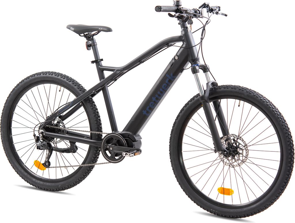 A black electric mountain bike is shown against a white background.
