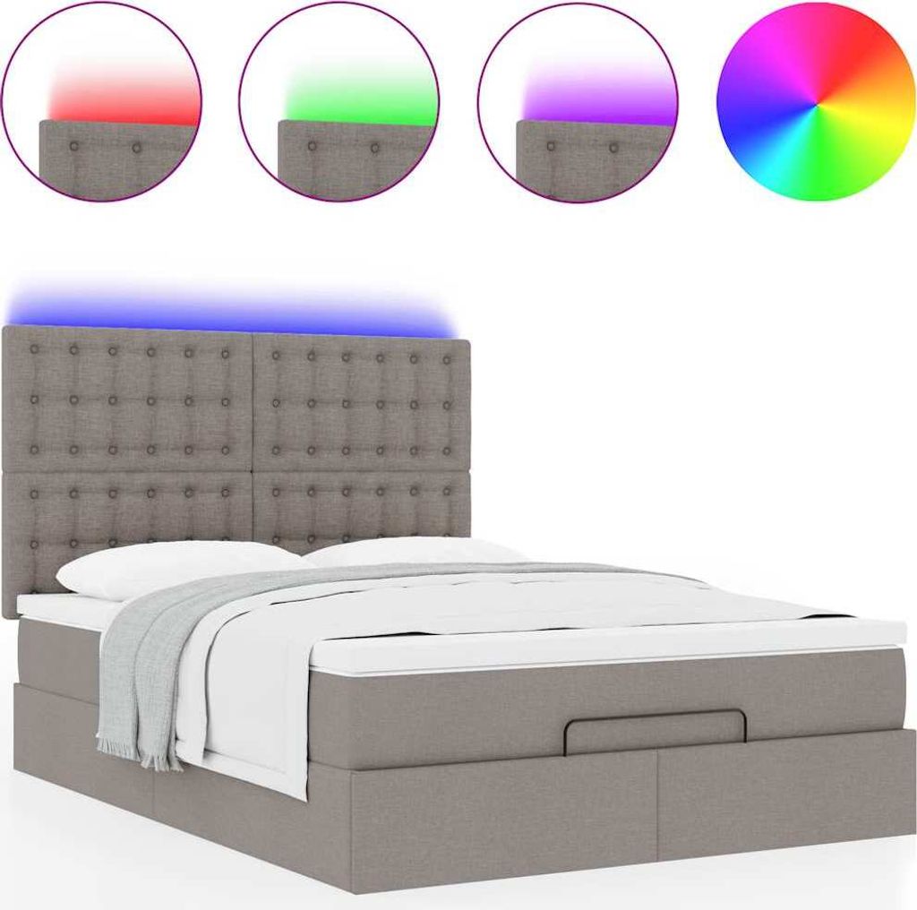 Ottoman-Bett mit Matratze & LEDs Taupe 140x200 cm Stoff