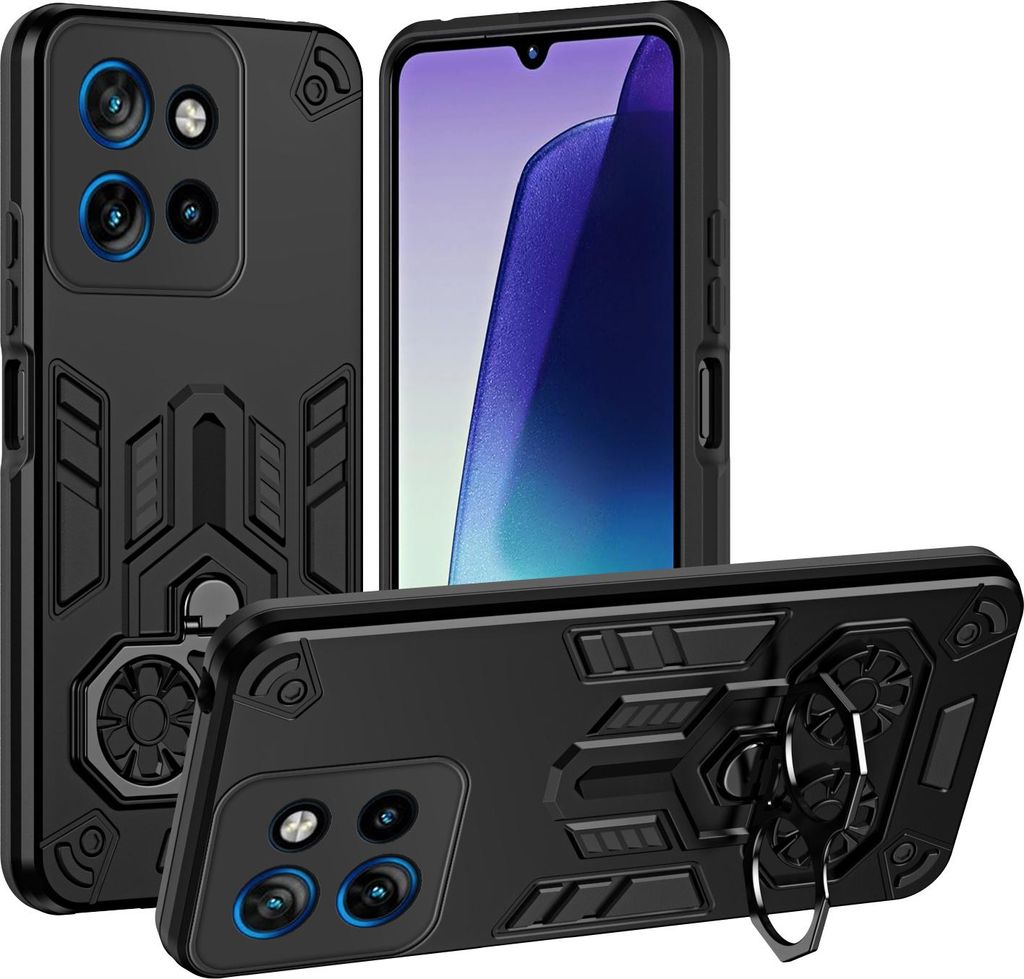 Hülle für Motorola Edge 50 Neo Dual Layer PC TPU Militärqualität Stoßfest Rüstung Handyhülle mit Ring Metall Ständer Schwarz