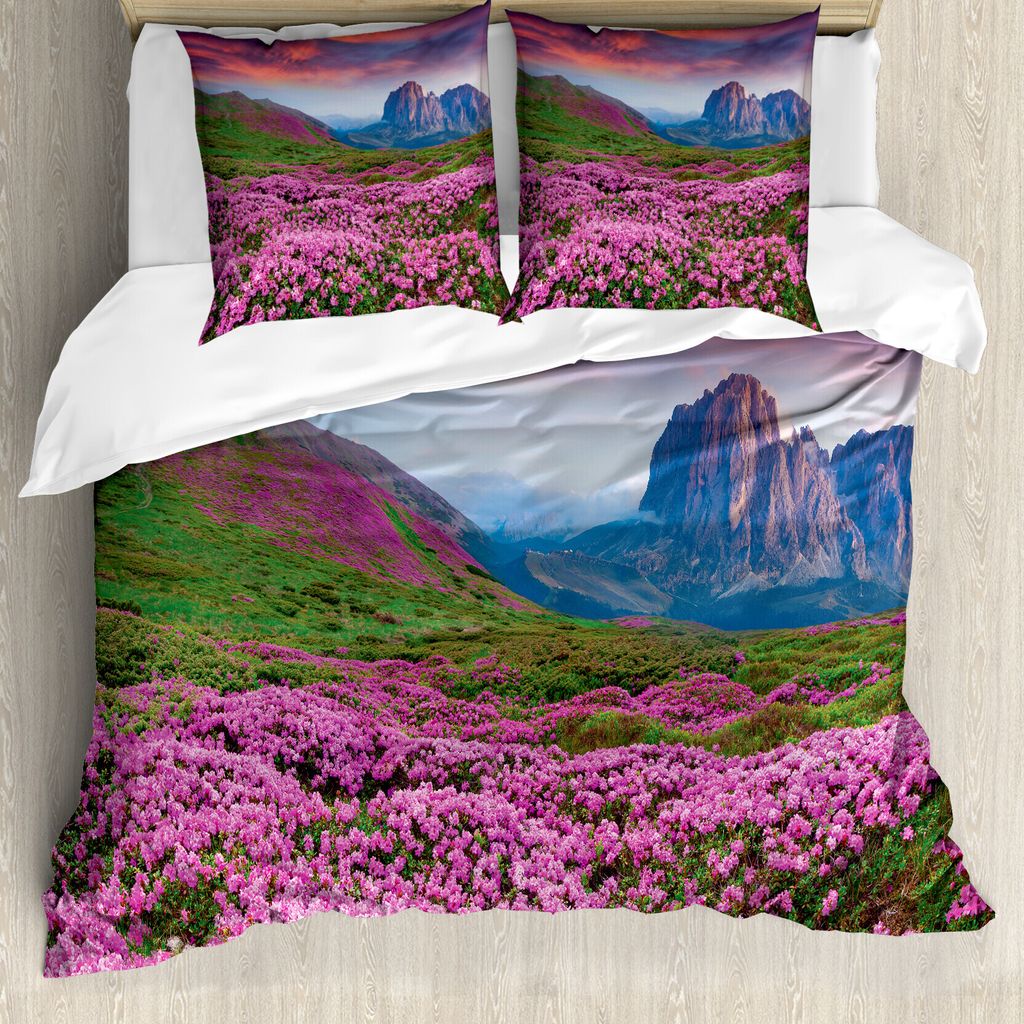 ABAKUHAUS Natur Bettbezug, Mountain Village Herbst, Milbensicher Allergiker geeignet mit Kissenbezügen, 155 cm x 220 cm - 80 x 80 cm, rosa-Grün