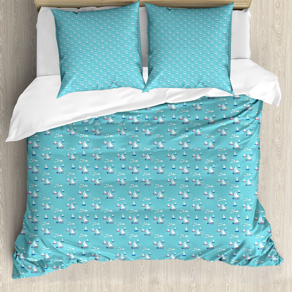 ABAKUHAUS Segeln Bettbezug Set für Einzelbetten, Möwen Segel Waves, Milbensicher Allergiker geeignet mit Kissenbezug, 200 cm x 200 cm - 80 x 80 c...